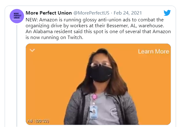 Twitch删除其母公司亚马逊在该平台上投放的反工会广告