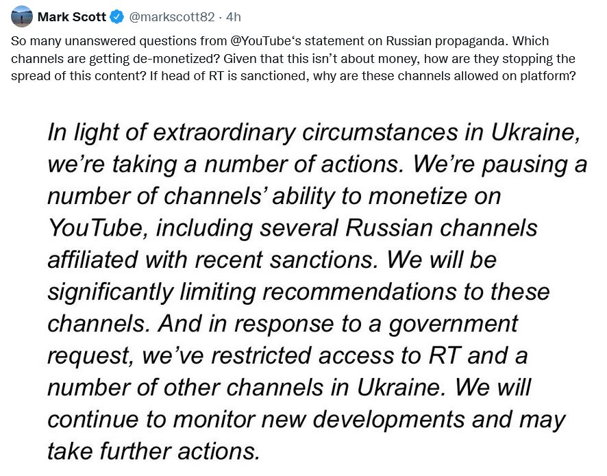 YouTube禁止在RT和其他俄罗斯频道上投放广告